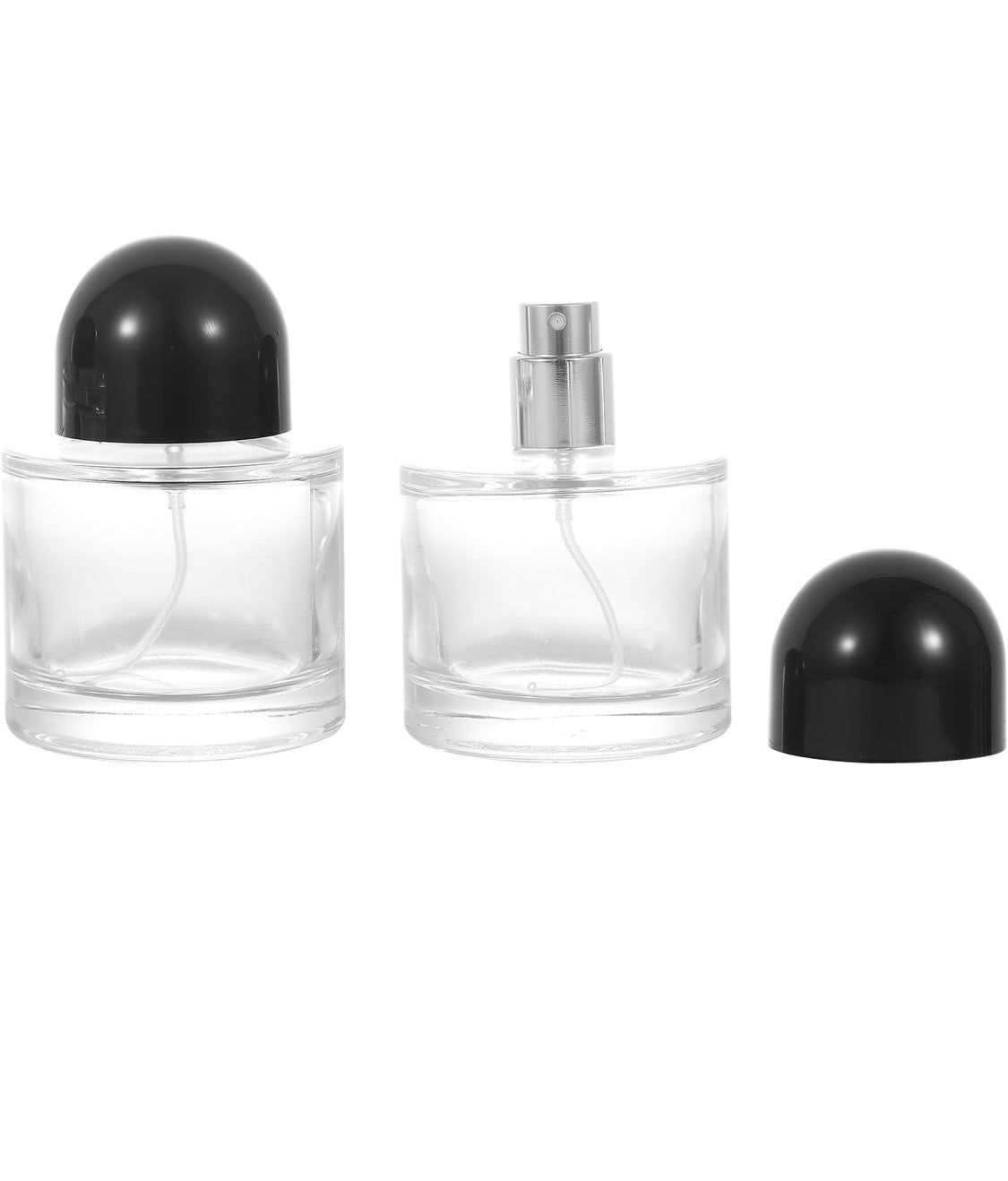 50mL Refillable Perfume Clear Glass Bottles, Black Cap, Silver Atomizer